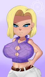 1girls alternate_version_available android_18 blonde_hair blue_eyes cameltoe cleavage curvy dragon_ball erect_nipples female gigantic_breasts huge_areolae huge_ass puffy_nipples short_hair shorty_stories thick_lips voluptuous wide_hips