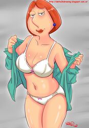 1girls alternate_breast_size alternate_version_available bra breasts cleavage collarbone cowboy_shot delta26 earrings eyelashes family_guy female female_only front_view highres human large_breasts lipstick lois_griffin milf navel open_shirt orange_hair panties red_lipstick shirt short_hair signature slightly_chubby smile solo standing undressing white_bra white_panties