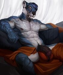 1boy abs animal_genitalia animal_penis anthro aolun_(character) balls big_balls equine_penis feline flaccid horsecock kaptain_spicy male male_only mammal muscular muscular_male pecs penis sitting solo spread_legs spreading tiger vein veiny_penis