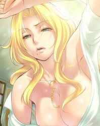 aqua_eyes armpits bleach blonde_hair breasts cleavage down_blouse female hairu jewelry large_breasts lips long_hair matsumoto_rangiku mole sleeping solo