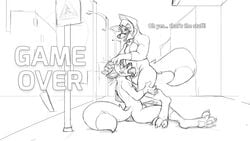 a_walk_home canine digital_media_(artwork) fellatio fluffy fluffy_tail fox furfragged game_over looking_pleasured male mammal monochrome oral penis public sex sign sketch street yaoi