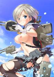 black_legwear blue_eyes blush breasts female gloves hair_ornament hair_over_one_eye hairclip hamakaze_(kantai_collection) highres kantai_collection large_breasts mecha_musume nipples pantyhose sawada_yuusuke school_uniform serafuku short_hair silver_hair skirt solo tears torn_clothes torn_pantyhose white_gloves