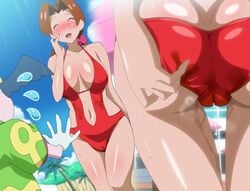 1boy 1girls ambiguous_gender brown_hair censored cum delia_ketchum_(pokemon) female human human_only makino_tomoyasu milf mother motherly_cuckold mr._mime netorare nintendo pokemon swimsuit thigh_gap