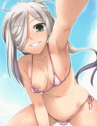 ahoge areolae armpits asashimo_(kantai_collection) bikini blush breast_slip breasts clothing female green_eyes hair_over_one_eye highres kantai_collection long_hair medium_breasts micro_bikini navel nipples pointy_chin side-tie_bikini silver_hair smile solo swimsuit white_bikini yoshi_tama