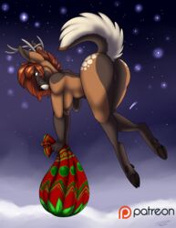 2018 antlers breasts cervine christmas female flying hair holidays hooves horn mammal night nude orange_hair outside pmoss presenting pussy raised_tail reindeer sideboob snow solo winter