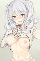 alternate_costume bangs black_choker blue_eyes blush breasts breasts_out center_frills choker eyebrows_visible_through_hair female frilled_shirt frills gradient gradient_background grey_background grey_shirt hand_on_own_chest highres inushi kantai_collection kashima_(kantai_collection) lifted_by_self long_hair long_sleeves looking_at_viewer medium_breasts navel nipples no_bra no_hat no_headwear nose_blush outstretched_arm perky_breasts raised_eyebrows self_shot selfie shiny shiny_skin shirt shirt_lift sleeves_past_wrists solo stomach twintails upper_body wavy_hair