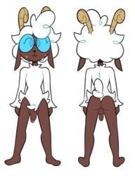 anthro balls barefoot blush caprine dark_skin digital_media_(artwork) eyewear flaccid glasses horn male mammal miscon model_sheet nervous nude penis pose raito_buru_(miscon) rear_view solo standing sweat wool