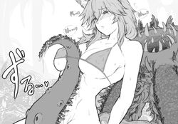 between_breasts bikini bikini_top blush breasts empty_eyes erect_nipples expressionless fate/grand_order fate_(series) female fox_ears fox_girl greyscale head_back heart large_breasts monochrome navel nmkranker restrained sea_demon_(fate) stomach sweat tamamo_no_mae_(fate) tentacle text underboob