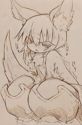 1other ambiguous_gender animal_ears blush fur furry heavy_breathing highres looking_at_viewer made_in_abyss masturbation mitsuba-sama_(milkba-ng) monochrome motion_lines nanachi open_mouth saliva short_hair sketch solo squatting sweat tail topless whiskers