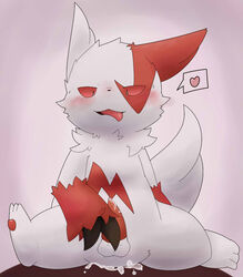 1boy 2013 2_fingers anthro big_ears black_eyes blush claws cum erection fangs feet fur furry garpey half-closed_eyes heart looking_down male male_only nintendo no_nipples nude open_mouth pawpads paws penis pink_background pokémon_(species) pokemon pokemon_(species) pokemon_rse precum red_eyes red_fur red_penis red_sclera simple_background sitting smile solo spread_legs tail teeth testicles tongue tongue_out video_games white_fur zangoose