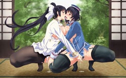 2girls azur_lane beret black_hair black_legwear blue_hat blush bow breast_press breasts clothing drooling fingering fingering_through_clothes fingering_through_panties french_kiss fusuma garter_straps groping hair_flaps hairbow hat indoors japanese_house kantai_collection kissing large_breasts military military_uniform moroheiya_(user_harz4842) multiple_girls mutual_masturbation open_mouth panties pantyhose ponytail pussy pussy_juice pussy_juice_puddle pussy_juice_trail red_eyes ribbon saliva saliva_trail short_hair skirt sliding_doors spread_legs squatting symmetrical_docking takao_(azur_lane) takao_(kantai_collection) tatami thighband_pantyhose thighhighs through_clothes tongue tongue_out torn_clothes torn_pantyhose torn_thighhighs underwear uniform wet white_bow white_ribbon white_skirt yuri