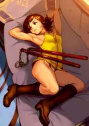 armpit boots brown_eyes brown_hair female female_only final_fantasy final_fantasy_viii nunchaku on_back optionaltypo panties selphie_tilmitt smile solo square_enix train_interior upskirt weapon