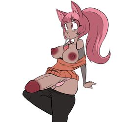 anthro big_breasts breasts clothed clothing dickgirl eyelashes food furry furry_only hair hands_behind_back inner_ear_fluff intersex nipples no_humans panties partially_clothed pedverse pink_hair ponytail red_eyes simple_background solo underwear white_background