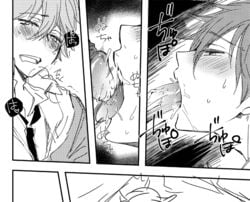 2boys blush embarrassed ensemble_stars! fellatio male male_focus monochrome morisawa_chiaki multiple_boys oral penis takamine_midori yaoi