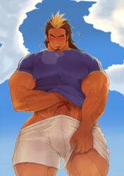 1boy bara blush body_hair boner erection hijikata_raiden inazuma_eleven kuromine_hiraya male_focus male_only multicolored_hair musk outdoors penis raiden_hijikata sky solo sportswear sweat sweating tagme thor_stoutberg yuatari