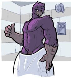 alpha_channel avian barazoku feathers male male_only muscular muscular_male nipples penis penis_base purple_feathers remanedur shower solo towel wet