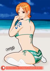 ass ass_cleavage bikini brown_eyes butt_crack chancero female female_only looking_over_shoulder nami one_piece orange_hair red_hair socks striped_bikini