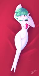 1girls 2018 4_fingers areolae arm_behind_head armpits belly blue_lipstick breasts crossed_legs feet female female_only gardevoir green_hair hair humanoid lipstick looking_at_viewer lying marbearis navel nintendo nipples nude on_back original_character pink_lipstick pokemon pokemon_(species) pokemon_rse pussy red_background red_eyes short_hair simple_background smile solo text video_games watermark white_skin