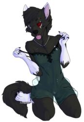 alpha_channel black_fur black_nose canine clothing cuntboy digital_media_(artwork) fur intersex jason_shiro kneeling lingerie looking_at_viewer mammal off_shoulder one_eye_closed presenting red_eyes scar solo tongue tongue_out translucent transparent_clothing undressing wink wolf