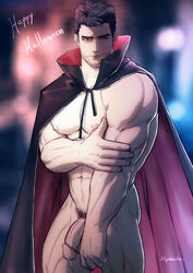 1boy bara cape facial_hair flaccid halloween hydaria male male_focus male_only muscle nude penis red_hair smile solo vampire