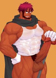 1boy abs bara bare_shoulders beard belly big_hands body_hair boner bottomless byron_(pokemon) cape censor_bar censored dark-skinned_male dark_skin erection gloves green_eyes holding huge_penis human kuromine_hiraya large_testicles looking_at_viewer male_focus male_only muscular navel nintendo nipples open_mouth orange_background penis pokemon pokemon_dppt pubic_hair red_hair see-through shirt short_hair shovel smile solo standing tank_top teeth testicles thick_thighs veins veiny_penis yuatari