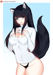 1girls animal_ears black_hair black_nail_polish black_panties blue_eyes breasts cleavage eyebrows_visible_through_hair female female_only fully_clothed kemonomimi large_breasts long_hair long_sleeves looking_at_viewer no_pants open-chest_sweater original panties patreon_logo patreon_username reiko_(tofuubear) solo tail tofuubear tongue_out wolf_girl