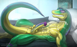 abs balls bed biceps cum gecko gex_(series) gex_the_gecko green_skin humanoid_penis lizard lying male male_only muscular muscular_male pecs penis purple_skin reptile scalie teeth todex yellow_skin