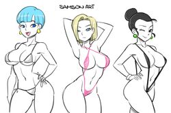 3girls alternate_version_available android_18 ass bikini black_eyes black_hair blonde_hair blue_eyes blue_hair breasts bulma_briefs chichi closed_mouth clothing dragon_ball dragon_ball_z earrings female female_only hand_on_hip hands_behind_head large_breasts milf multiple_females multiple_girls open_mouth samson_00 short_hair sling_bikini smile tied_hair tongue wink