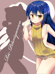 agent_aika alternate_costume amaguri_aniko areola_slip areolae back bangs bare_legs bare_shoulders blue_hair blush body_blush breasts breasts_out brown_eyes character_name delmo dress eyebrows eyebrows_visible_through_hair female golden_delmo legs long_hair looking_at_viewer low_twintails medium_breasts meme_attire naked_sweater nipples no_bra no_panties ribbed_sweater rie_petoriyacowa shadow shiny short_dress sideboob silhouette simple_background smile solo standing sweater sweater_dress text thighs turtleneck turtleneck_sweater very_long_hair virgin_killer_sweater