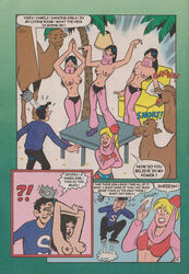 1boy 5girls archie_andrews archie_comics arms_above_head bare_breasts betty_cooper black_hair blonde_hair comic flipping_lid genie jughead_jones motion_lines page_4 palm_tree veil veronica_lodge