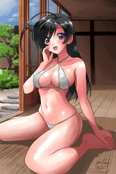 bikini black_hair blue_eyes blush breasts female girls_und_panzer isuzu_hana large_breasts matsui_yasutsugu micro_bikini navel solo swimwear white_bikini