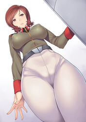 1girls big_breasts blush breasts brown_hair covered_nipples crotch_seam curvaceous earth_federation erect_nipples female female_only from_behind gradient gradient_background gundam gundam_unicorn hips human impossible_clothes large_breasts light-skinned_female light_skin mihiro_oiwakken military military_uniform nagase_haruhito no_bra parted_lips puffy_nipples short_hair solo thick_thighs tight_clothing uniform voluptuous wide_hips