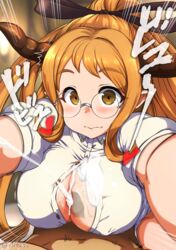 /\/\/\ 1boy :d blurry blush breasts brown_eyes brown_hair clothed_female_nude_male cum cum_on_body cum_on_breasts cum_on_upper_body depth_of_field draph ejaculation erect_nipples eyebrows_visible_through_hair female glasses granblue_fantasy happy_sex horns isemagu large_breasts long_hair looking_at_viewer necktie nude open_mouth outstretched_arms paizuri paizuri_under_clothes penis pointy_ears pov projectile_cum sarya_(granblue_fantasy) silhouette smile solo_focus straight twitter_username unbuttoned