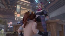 3d alternate_costume black_cat_d.va blender brigitte brigitte_lindholm cunnilingus d.va hana_song implied_cunnilingus implied_oral mrbonessfm overwatch yuri