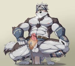 2017 abs absurd_res anthro balls canine clothed clothing clothing_aside disembodied_hand erection handjob hi_res horkeukamui humanoid_penis kemono loincloth male male_only mammal penis sex snowjune tokyo_afterschool_summoners topless wolf