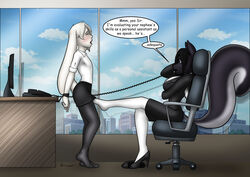 barefoot blue_eyes bondage bound chair closed_eyes clothed clothing computer crossdressing danaume desk domination english_text female femdom foot_fetish lagomorph legwear male malesub mammal office office_chair phone rabbit secretary skunk stockings text