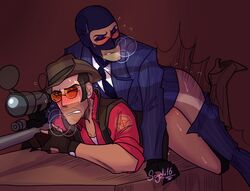 2boys aiming_weapon anal_sex balaclava bending_forward blush eyes_closed eyeshadow fingerless_gloves from_behind from_behind_position gay gloves hat heavy_breathing implied_anal male/male male_focus male_only no_visible_genitalia one_eye_closed pants_down partially_clothed sniper sniper_(team_fortress_2) sniper_rifle sogeki16 spy spy_(team_fortress_2) suit sunglasses team_fortress_2 thrusting_into_ass tie tinted_eyewear valve