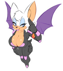 1girls anthro bat big_breasts black_nose blue_eyes bodysuit breasts cleavage clothed clothing eyeshadow female female_only fur hair lipstick looking_at_viewer makeup mammal nitro rouge_the_bat simple_background solo sonic_(series) sonic_the_hedgehog_(series) tight_clothing video_games white_background white_fur white_hair