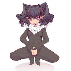 black_hair bodysuit crotch crotchless female full_body grin noise_(artist) original parted_lips pointy_ears purple_eyes pussy solo squatting tiptoes uncensored