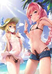 2boys arched_back arm_behind_back armpits astolfo_(fate) bangs bare_shoulders beach bikini bikini_bottom black_bikini black_bikini_bottom black_bow black_ribbon blue_eyes blue_sky blush bow braid bulge chevalier_d'eon_(fate) cloud covered_navel crossdressing day denim denim_shorts dress dress_lift erect_nipples erection erection_under_clothes eyebrows_visible_through_hair fate/grand_order fate_(series) femboy girly hair_intakes hairbow hat hat_feather highres horizon leaf light_rays long_hair looking_at_viewer male_focus male_only multicolored_hair multiple_boys navel ocean open_fly penis_peek penis_under_clothes pink_hair purple_eyes ribbon shinsei_rorishotashotasuku shiny shiny_hair short_shorts shorts side-tie_bikini single_braid sky sleeveless sleeveless_dress smile standing stomach straight_hair streaked_hair sun_hat sunbeam sundress sunlight sweat swimsuit thighs trap unbuttoned uncensored v v-shaped_eyebrows very_long_hair water water_drop wet wet_hair white_dress white_hair wind wind_lift wristband yellow_hat