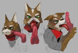 2015 anthro balls blush brown_fur canine clothing disembodied_penis duo ears_down erection eyebrows fellatio fox fox_mccloud fur green_eyes grey_background humanoid_penis jacket licking liteu male mammal nintendo one_eye_closed oral penis penis_lick precum sex simple_background solo_focus star_fox teeth tongue tongue_out uncut vein veiny_penis video_games white_fur yaoi