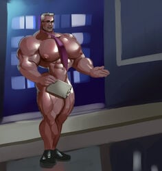 1boy abs absolutbleu big_ass big_pecs blonde_hair creative_censorship erect_nipples glasses himbo huge_ass huge_pecs large_pecs male_only moobs muscle news no_visible_genitalia nude oiled oiled_body oiled_skin pecs pointless_censoring purple_necktie reporter shiny_skin shoes small_waist thick_thighs tie wide_hips