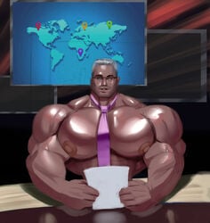 1boy abs absolutbleu big_pecs blonde_hair glasses green_eyes huge_pecs large_areolae large_pecs male_only muscle muscles muscular news nipples no_visible_genitalia nude oiled oiled_body oiled_skin papers pecs purple_necktie reporter shiny_skin sitting