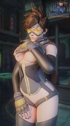 3d alternate_costume batyastudio blender blizzard_entertainment breasts cleavage female female_only king's_row_(map) looking_at_viewer lunar_new_year lunar_new_year_series overwatch rose_tracer solo tracer year_of_the_rooster