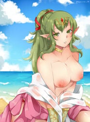 1girls beach big_breasts bikini breasts clothed female female_only fire_emblem fire_emblem_awakening fire_emblem_heroes green_eyes green_hair highres kyo-usa kyousa38 looking_at_viewer manakete nintendo nipples ocean partially_clothed pointy_ears ponytail sand solo sweat tiki_(adult)_(fire_emblem) tiki_(adult)_(summer)_(fire_emblem) tiki_(fire_emblem)