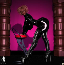 1girls 3d bent_over big_breasts bodysuit brown_hair busty butt_crack chair curvy dark-skinned_female dark_skin detailed_background female female_only gray_eyes high_heel_boots high_heels hourglass_figure human indoors inside lipstick looking_at_viewer makeup original_character pose posing red_lipstick room shadow short_hair side_view solo standing voluptuous wide_hips xskullheadx