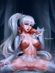 1girls abs absurdres areolae aroma_sensei boots bottomless breasts dildo dildo_sitting female female_only full_body garter_belt highres jacket looking_at_viewer masturbation nipples pussy pussy_juice rwby sex_toy small_breasts solo thighhighs vaginal_penetration vale_outfit weiss_schnee weiss_schnee_(vale)