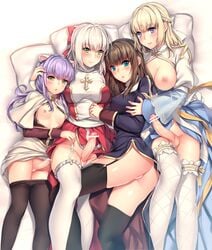 4girls :o archbishop aruma_jiki ass bangs bar_censor bed_sheet black_legwear blonde_hair blue_dress blue_eyes blunt_bangs blush bow braid breasts breasts_out brown_hair cape censored closed_mouth cross dress dress_lift erect_nipples erection eyebrows_visible_through_hair feet_out_of_frame french_braid frilled_legwear from_above futa_sans_balls futanari garter_straps green_eyes hairbow hand_on_another's_arm hand_on_another's_head high_priest intersex juliet_sleeves layered_sleeves leg_garter long_hair long_sleeves looking_at_viewer low_ponytail lying medium_breasts multiple_girls nipples no_bra no_panties no_testicles on_back on_side open_clothes open_mouth pantyhose pantyhose_pull parted_lips penis pillow priest_(ragnarok_online) puffy_sleeves purple_eyes purple_hair pussy ragnarok_online red_bow red_dress ribbon sash see-through shiny shiny_hair side_slit silver_hair skindentation sleeve_cuffs small_breasts smile tareme testicles thighhighs white_capelet white_legwear yellow_eyes yellow_ribbon