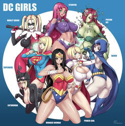 2d 6+girls 8girls alternate_breast_size ass batman_(series) belt big_breasts black_hair blonde_hair blue_eyes breasts breasts_bigger_than_head catwoman cleavage cloak clothing dat_ass dc dc_comics female female_only footwear green-skinned_female green_eyes green_skin handwear harley_quinn headgear hourglass_figure huge_breasts human jewelry koriand'r large_breasts onomeshin outerwear pamela_isley poison_ivy power_girl rachel_roth raven_(dc) red_eyes red_hair starfire supergirl superman_(series) teen_titans wonder_woman wonder_woman_(series)