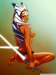 1girls 2018 ahsoka_tano alien alien_girl artist_name ass barefoot blue_eyes breasts feet female female_focus female_only headwear japes lekku lightsaber looking_at_viewer medium_breasts nipples older orange_skin panties reverse_grip sci-fi science_fiction scifi star_wars star_wars_rebels text togruta weapon white_lightsaber